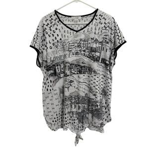 CJ Banks Women’s Plus Size 1X Short Sleeve V-Neck Black White Tie Bottom Blouse